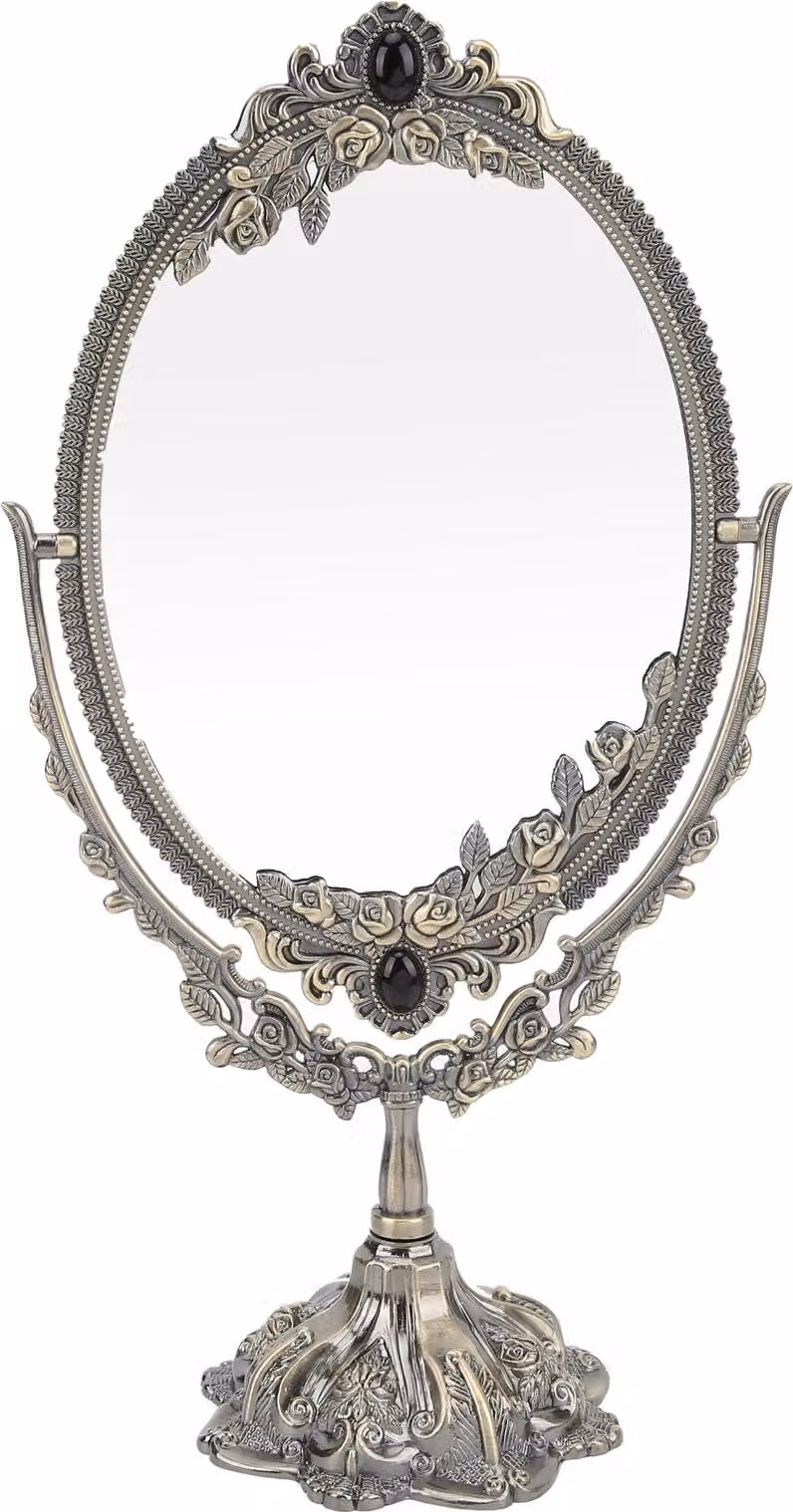 Specchio da trucco in stile europeo, in metallo, retrò, bifacciale, per bagno, camera da letto, spogliatoio (bronzo, grande)