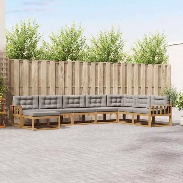 Set di divani da esterno a L vidaXL in legno di acacia con cuscini, Bianco e Grigio