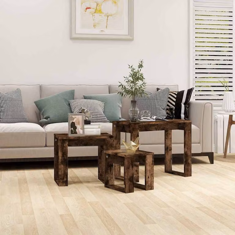 Set di 3 tavolini impilabili vidaXL in legno multistrato e MDF, colore rovere fumo, design moderno per soggiorno o camera da letto