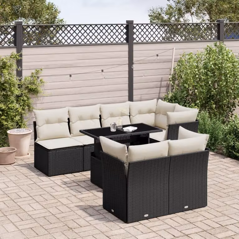 Set di divani da giardino vidaXL in polyrattan nero con cuscini e tavolino da esterno a forma di L