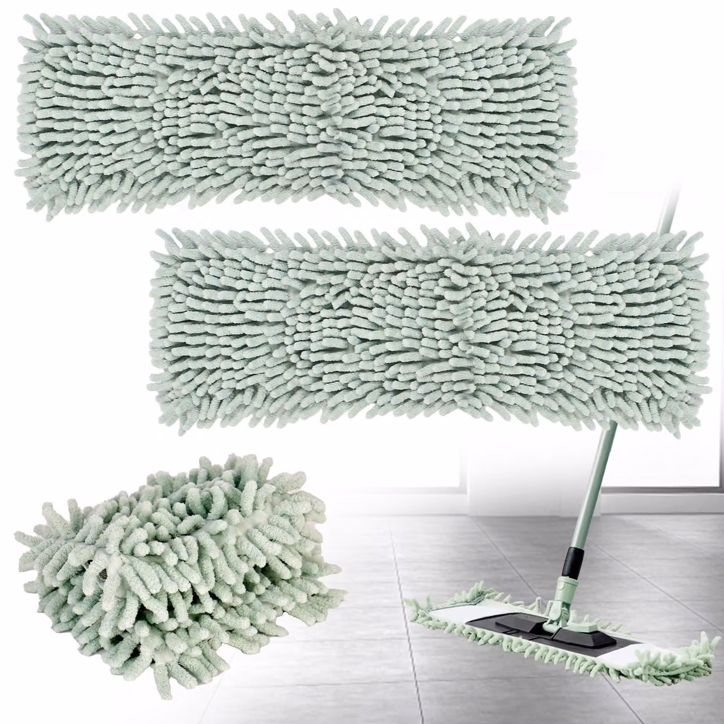 Copertura in microfibra per mop, set da 2, in tessuto tipo "chenille", colore verde
