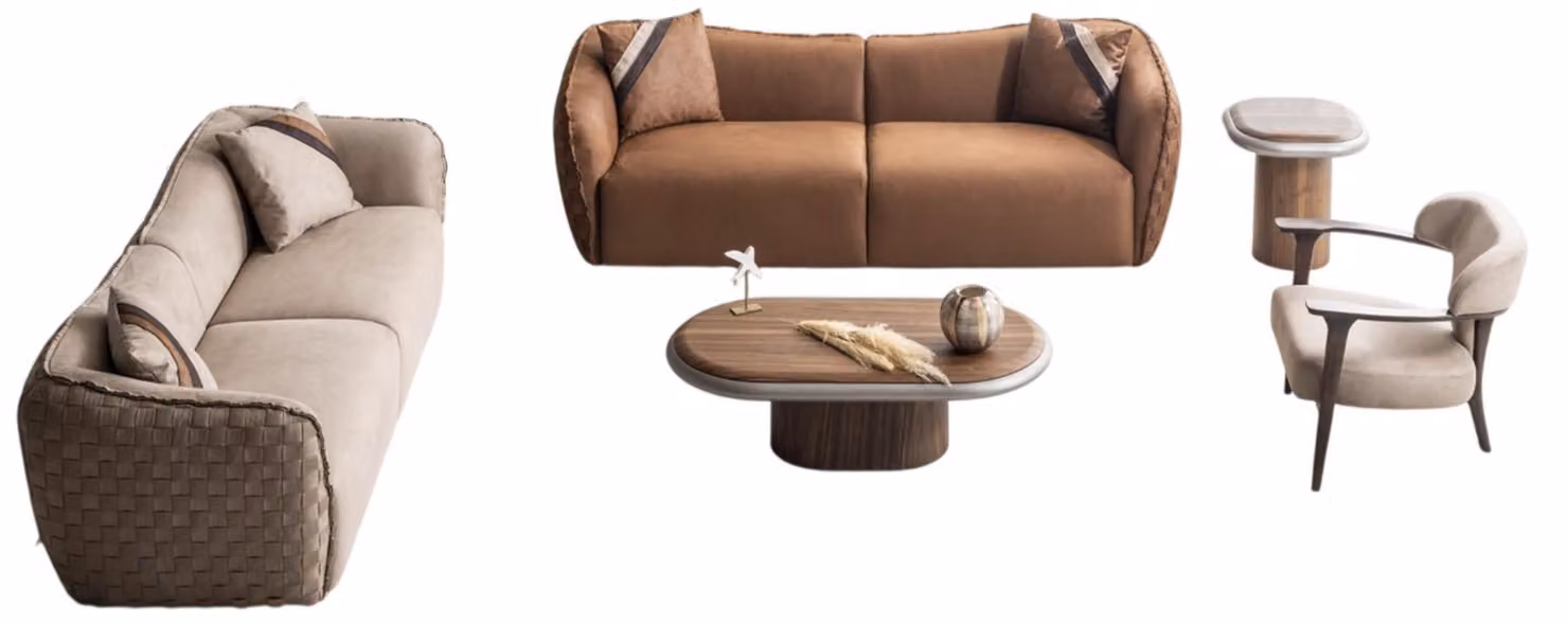 Luxuriöses Sofa Set mit modernem Sessel und stilvollen Tischen