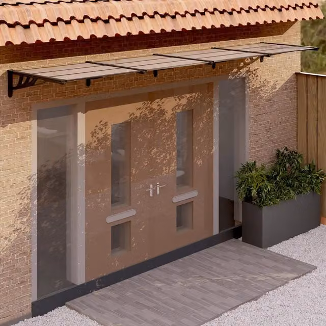 Tettoia per porta vidaXL in policarbonato e alluminio nera L: 396 cm, P: 90 cm, H: 27,5 cm