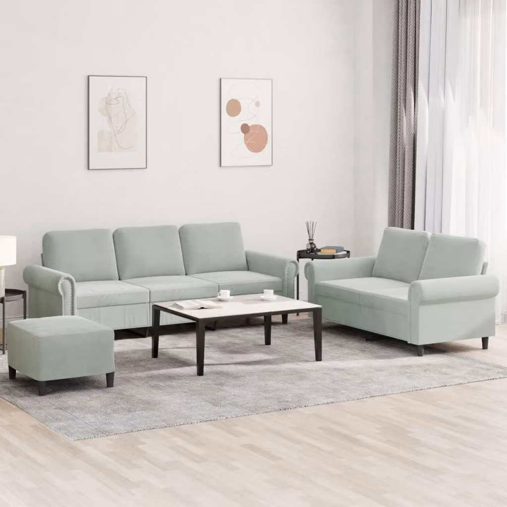 Set di divani vidaXL 3 pezzi in velluto grigio con pouf e cuscini per soggiorno moderno