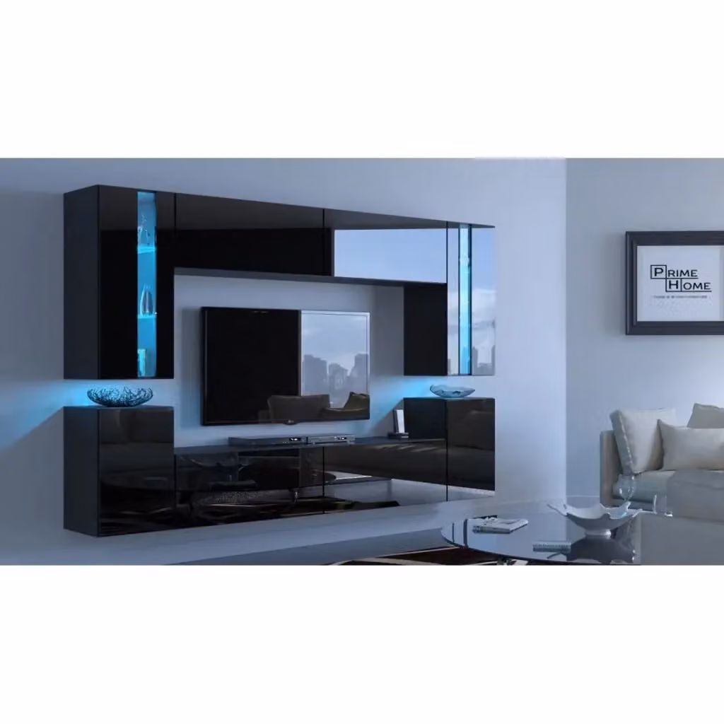Set di mobili da soggiorno sospesi Meublorama collezione CEPTO XXIV nero, composto da 8 pezzi modulari con illuminazione LED integrata, L: 240 cm – 2