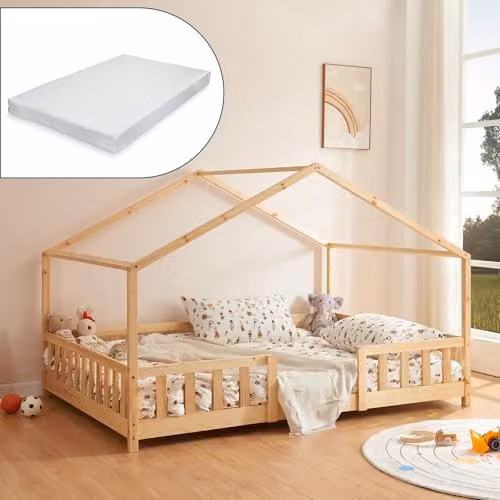 [en.casa] Letto a Casetta con Materasso 140x200 cm Naturale