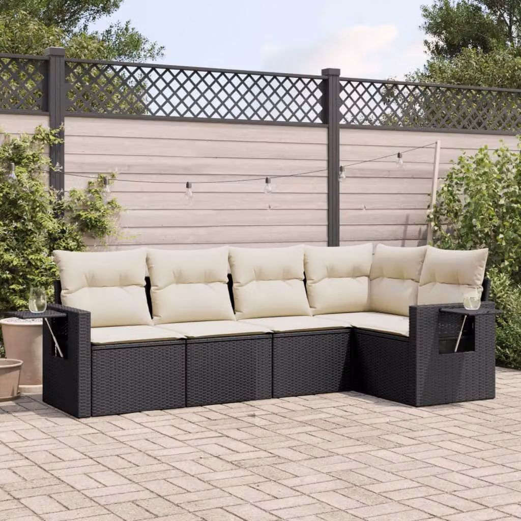 vidaXL Set Divani da Giardino a L 5 pz in Polyrattan Nero con Cuscini e Tavolino – 1