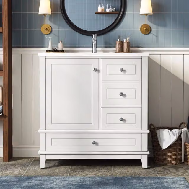 Mobile bagno freestanding 81 cm con lavabo in ceramica; 3 cassetti e anta soft-close; bianco