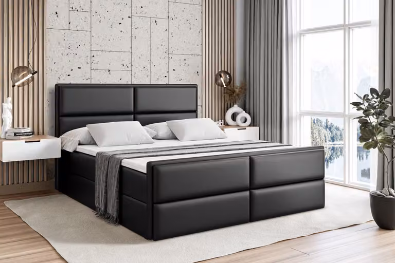 Letto boxspring ALTDECOR con pediera, materasso H3 e topper - 160x200 cm - AURA-Z - Pelle finta nera - Letto imbottito con contenitore e rete a doghe, letto con spazio contenitivo