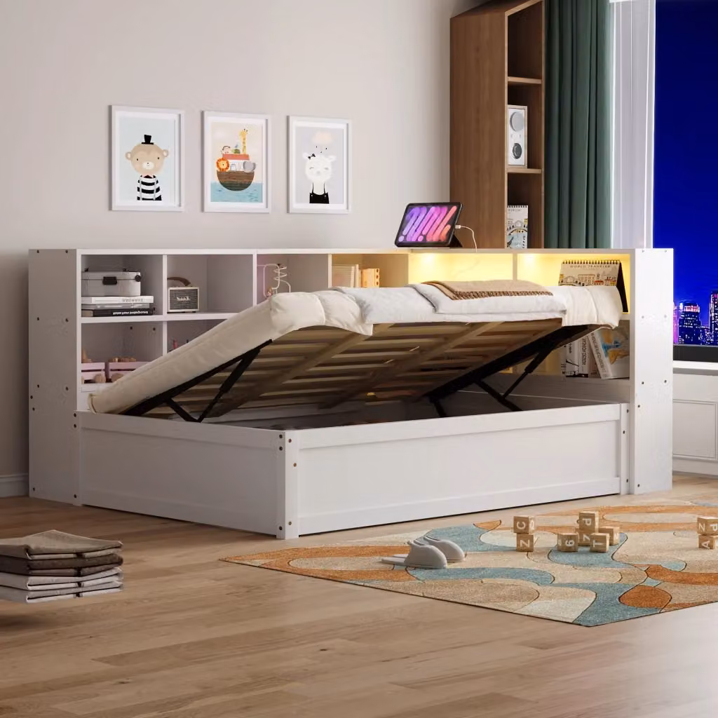 Letto singolo con contenitore Mivray bianco con illuminazione LED e presa USB, L/P/H: 90 x 200 cm – 2