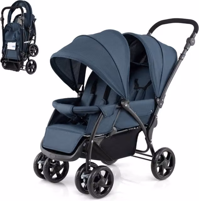 Passeggino doppio pieghevole con seduta in tandem e tettuccio, modello portatile con ruote piroettanti e sospensioni, Blu