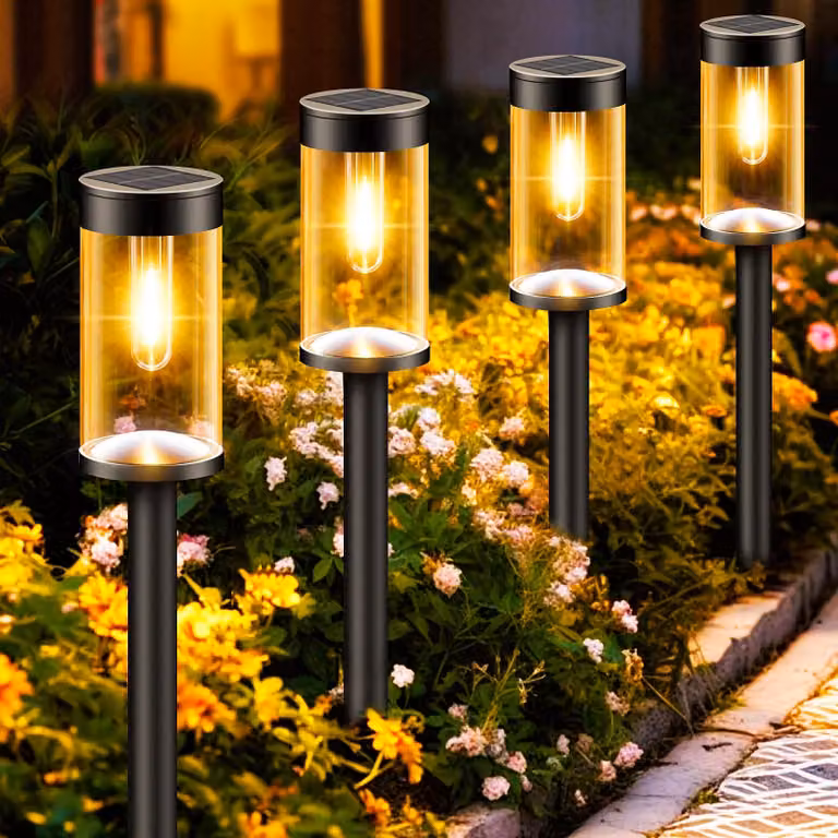 Luci solari per giardino, set da 4 pezzi, luce bianco caldo, impermeabili, ideali per vialetti e terrazzi