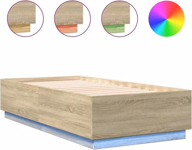 Letto singolo moderno in legno Rovere Sonoma con luci LED sottobasso e porta USB, L/P: 90 x 190 cm