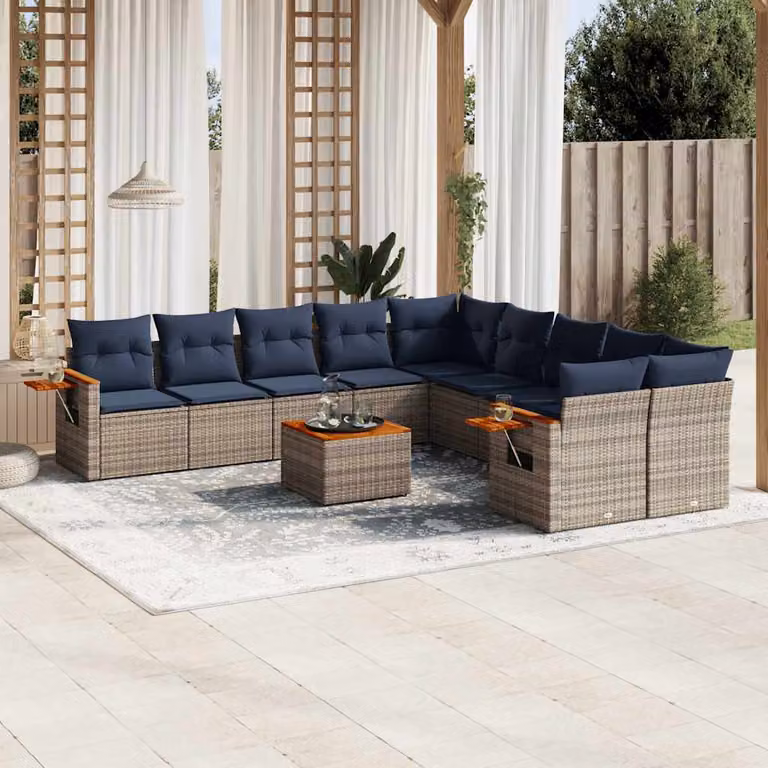 Set di divani da giardino vidaXL 11 pz in polyrattan grigio con cuscini imbottiti e tavolino da esterno