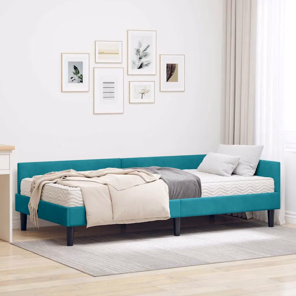 vidaXL Struttura Letto Angolare con 2 Materassi in Schiuma, Rivestimento in Velluto Turchese – 1