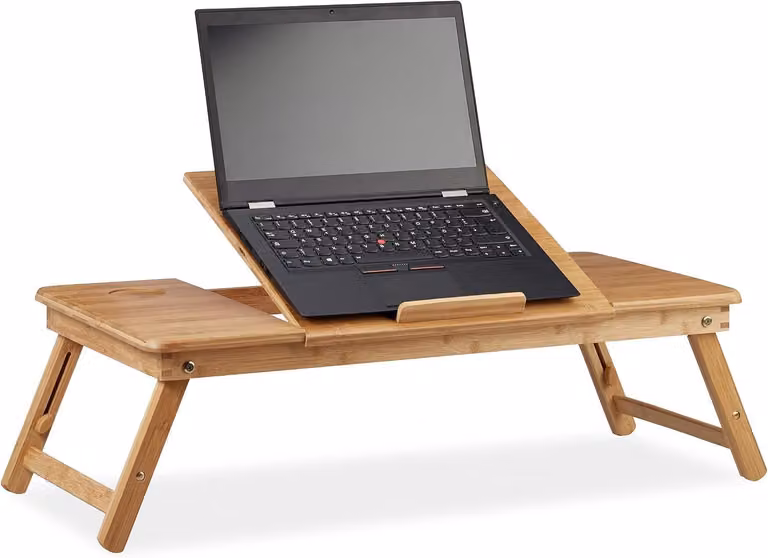 Tavolo da laptop in bambù, modello XL - Regolabile - 5 angolazioni di inclinazione - Cassetto - Fori di ventilazione - Tavolo da scrivania da usare sulle gambe - Tavolino da letto - Naturale