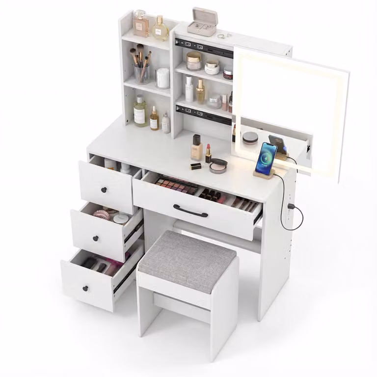 Tavolo da trucco COSTWAY con specchio scorrevole a LED e sgabello per il trucco, set di tavoli cosmetici con cassetti, prese e 2 ripiani regolabili