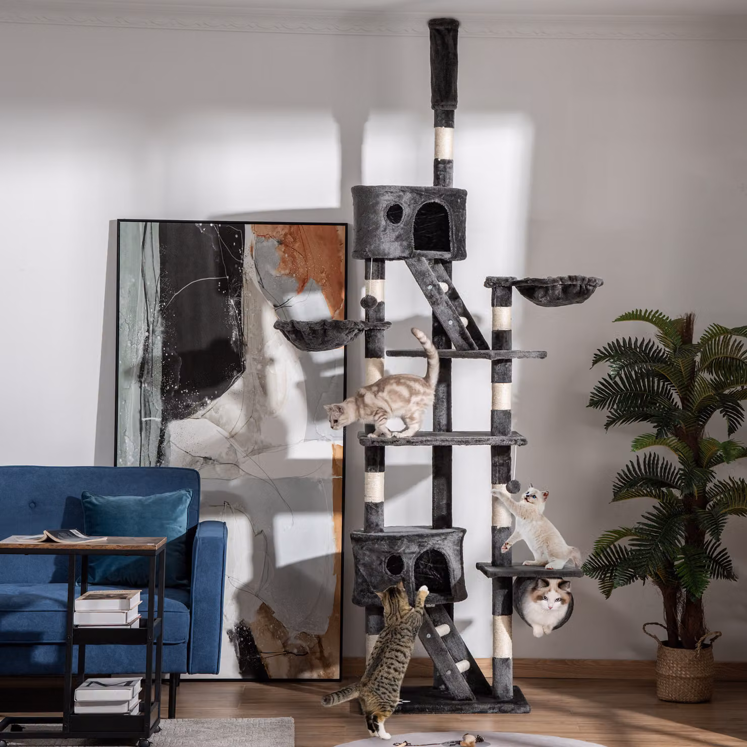 Tiragraffi per Gatti PawHut Multilivello con Altezza Regolabile 240-260 cm, con Amaca, Cave e Giochi Integrati, Grigio – 2