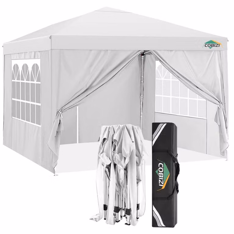 Gazebo da giardino pieghevole, dimensioni 3 x 3 metri, con 6 pareti laterali, impermeabile, colore bianco