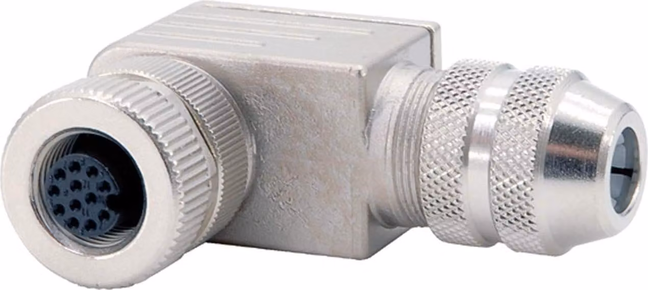 "Connettore sensore M12 presa angolare a saldare, numero di poli 12 uscita cavo laterale, campo di serraggio 6,0mm - 8,0mm"