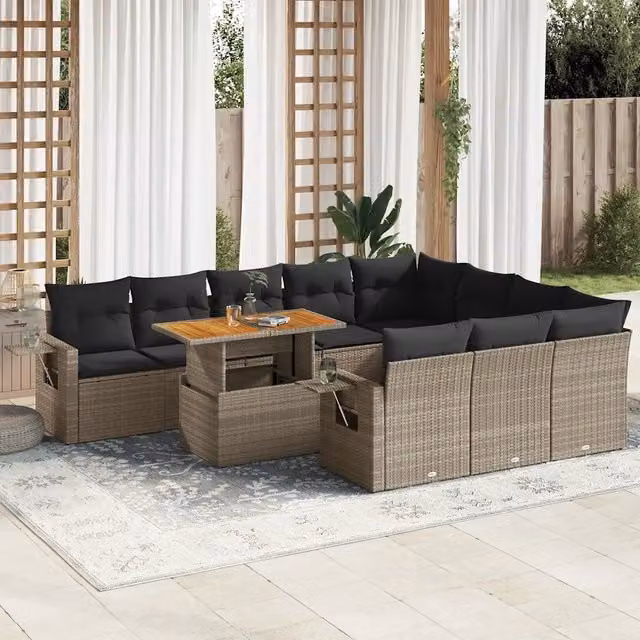 Set di Divani da Giardino vidaXL a Forma di U con Cuscini e Tavolino da Caffè, 11 Pezzi, Grigio
