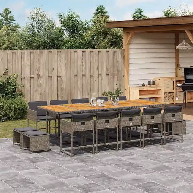 Set da pranzo da giardino vidaXL in polyrattan e legno di acacia con 15 pezzi e cuscini, colore grigio e marrone