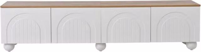 Mobile TV 180x40x45 cm con 4 ante, gambe metalliche a sfera, MDF bianco e legno, supporto per TV fino a 80 pollici