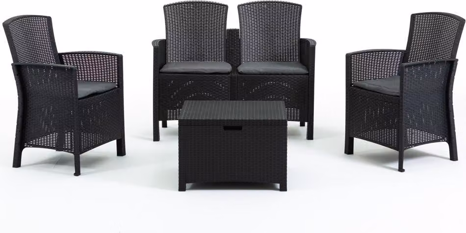 Set relax da giardino in resina sintetica effetto rattan con divano a 2 posti, 2 poltrone e tavolino portaoggetti - leggero, facile da montare e dotato di cuscini, ideale per veranda, giardino e terrazza - LUGANO