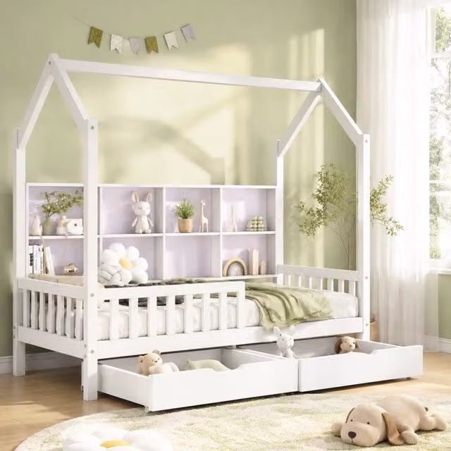 Letto a casetta per bambini in pino bianco 90x200 cm con mensola portaoggetti e due ampi cassetti