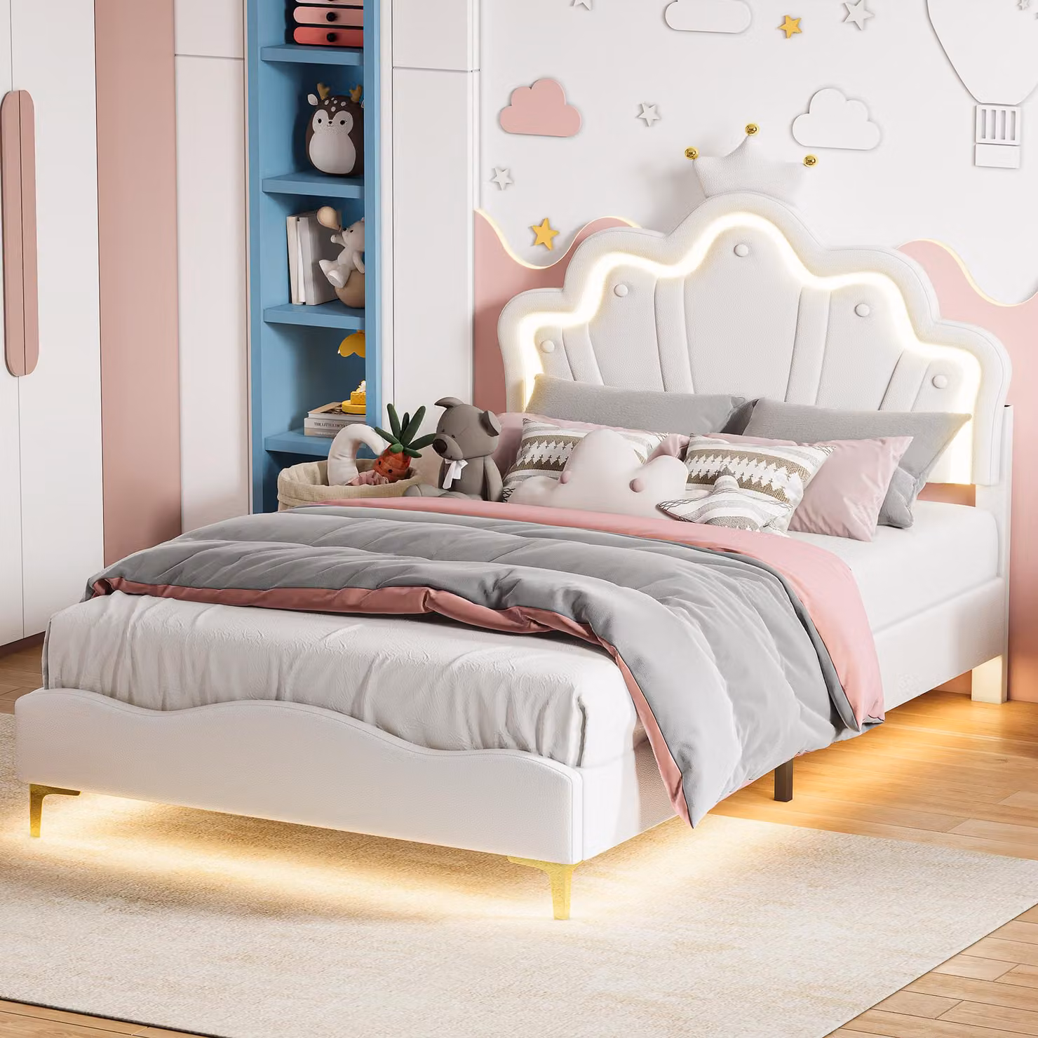 Letto per bambini 140x190 cm, imbottito con testiera a forma di , sistema RGB, testiera regolabile in altezza, rete a doghe, colore bianco, capacità fino a 200 kg, senza materasso