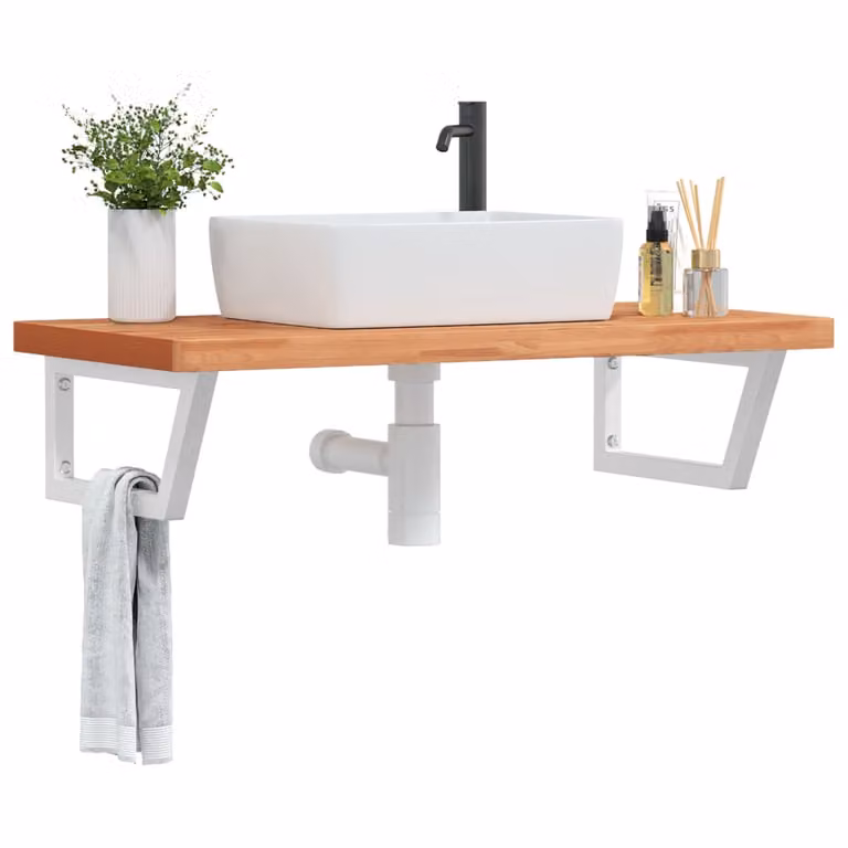 vidaXL Ripiano da parete per bagno in legno di faggio e metallo, Bianco e Marrone