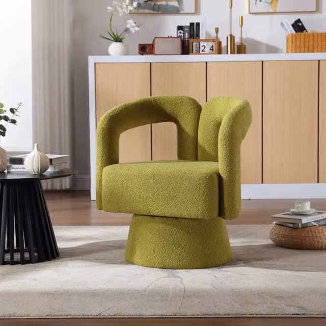 Poltrona girevole OKWISH in bouclé verde con braccioli e imbottitura in schiuma per soggiorno o ufficio