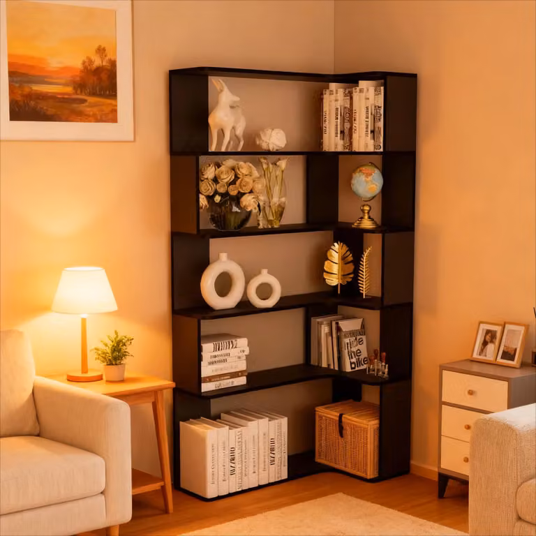 Libreria angolare - Colore nero - 5 ripiani - Adatta per soggiorno e studio