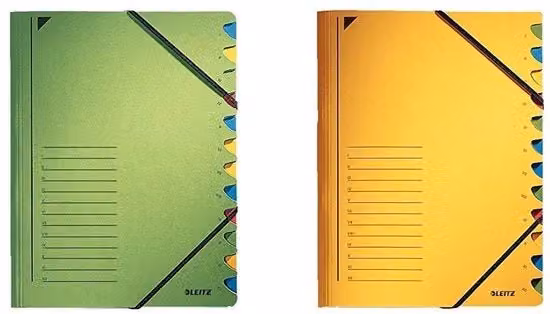 Ordinatore per documenti A4 con 12 cassetti in cartone multicolore verde e giallo con elastico