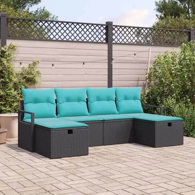 Set di divani da giardino vidaXL a forma di U con 6 posti, colore nero e turchese, in rattan e metallo con cuscini inclusi