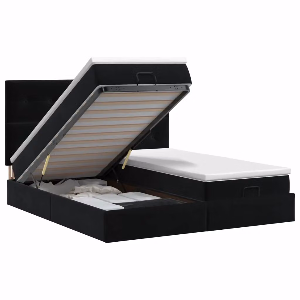 Letto ottomano moderno vidaXL con contenitore a sollevamento e materasso in velluto nero e bianco L/P/H: 203 x 200 x 140 cm – 2