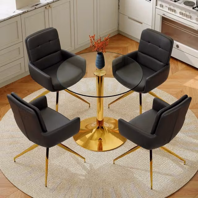 Tavolo da pranzo con 4 sedie girevoli 360° in vetro temperato e metallo dorato, stile moderno per sala da pranzo