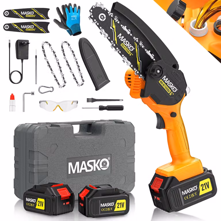 Mini motosega MASKO® con batteria da 8000 mAh | Motosega elettrica portatile con 2 batterie da 4000 mAh per potatori/tagliarami/taglio del legno | Motosega da 800 W con sistema di lubrificazione automatico