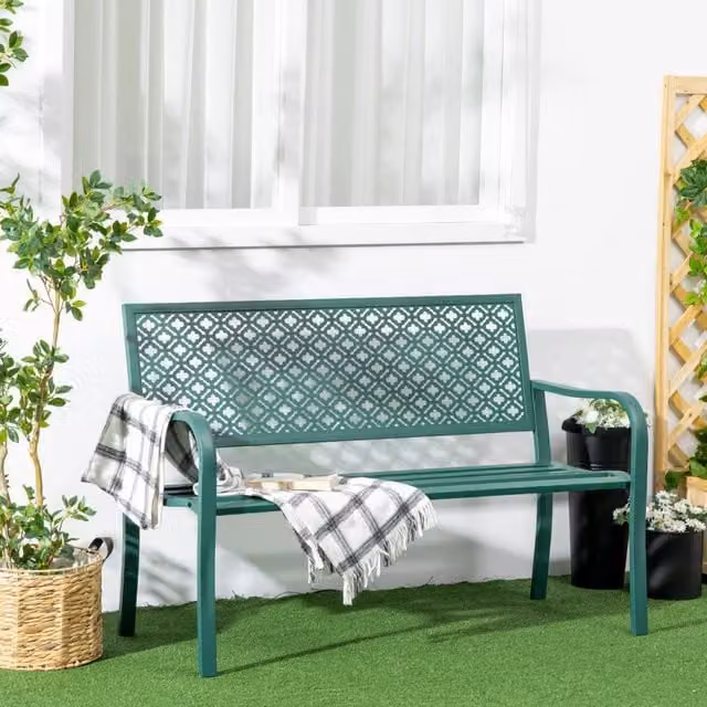 Panchina da giardino moderna WISHDOR in acciaio laccato verde con braccioli, L: 127 cm, P: 63 cm, H: 83 cm