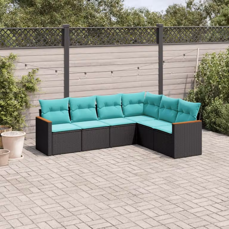 Set di divani da giardino vidaXL 6 pz a forma di L con cuscini, struttura in metallo e rattan, colore nero, blu o turchese