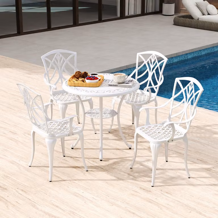 Set da giardino Outsunny composto da 5 pezzi in alluminio pressofuso bianco con tavolo rotondo e sedie per esterni
