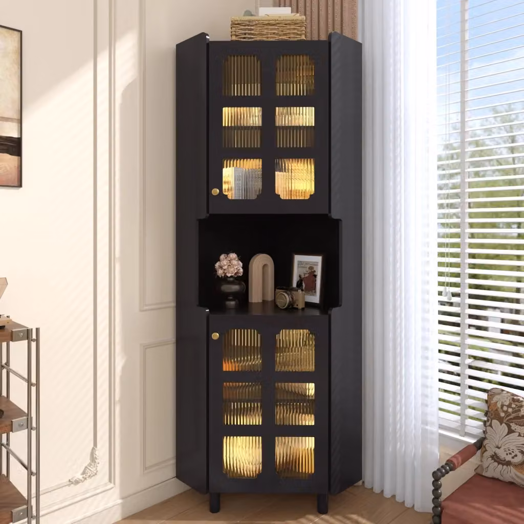 Mobile angolare Chicfurn nero con 2 ante, vano aperto e illuminazione LED integrata, finitura laccata, H: 157.5 cm, L: 63.5 cm, P: 63.5 cm – 2