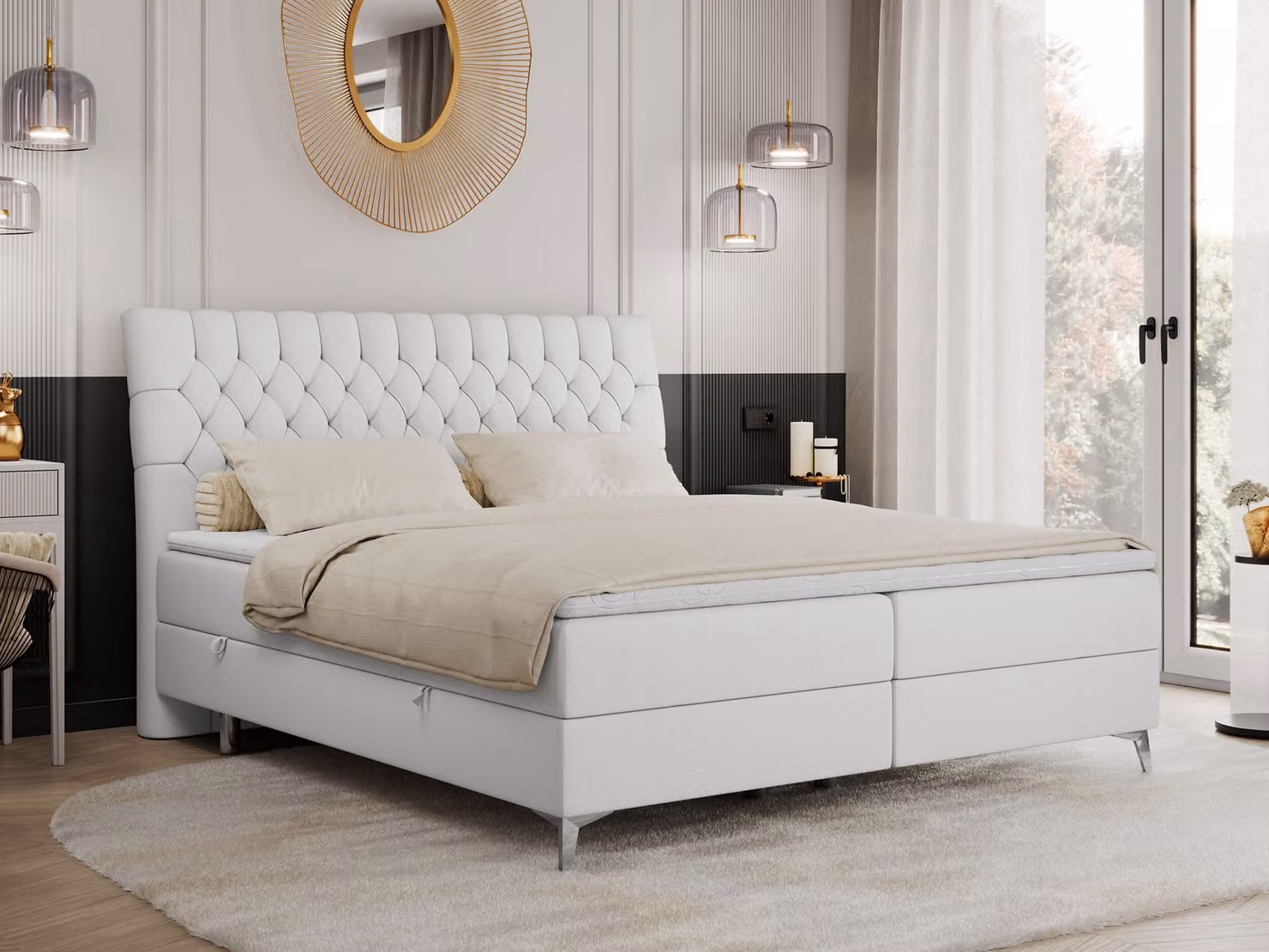 Letto boxspring 160x200 con 2 cassetti, materasso e coprimaterasso, letto imbottito 160x200, letto 160x200 - MILEN - 160x200 cm - Bianco - Ecopelle - H3