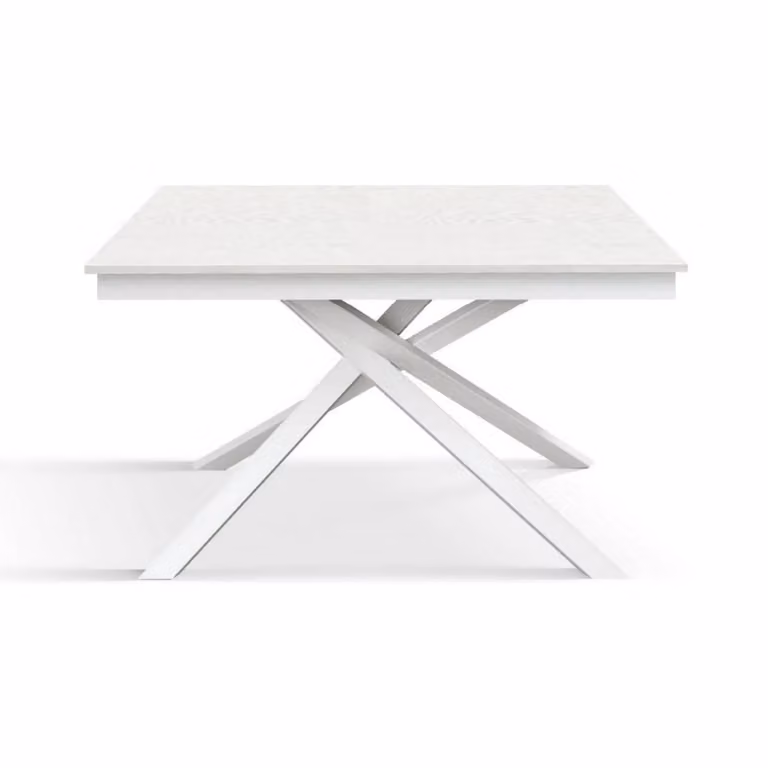 Tavolo VOLPAIA in legno, finitura bianco frassinato e base in metallo verniciato bianco, allungabile 140×80 cm – 190×80 cm