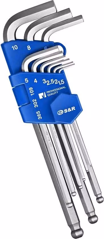 Set di chiavi a Esagono Unyqoos® da 9 pezzi – versione lunga con testa sferica, dimensioni: 1,5/2,0/2,5/3,0/4,0/5,0/6,0/8,0/10,0 mm, acciaio CrV nichelato, clip in plastica