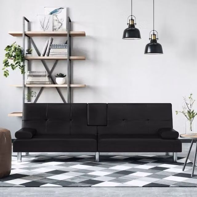 Divano Letto con Portabicchieri-Sofa Letto-Daybed in Similpelle Nero