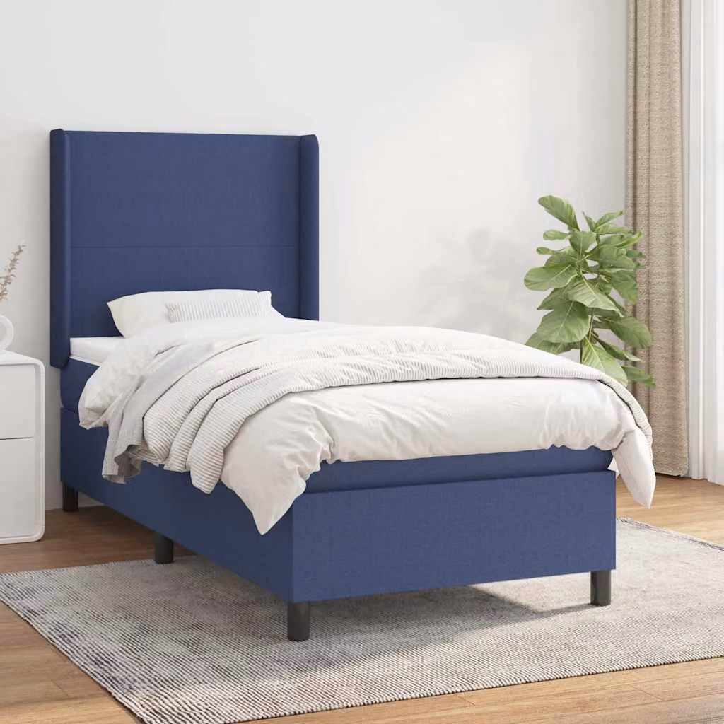 vidaXL Giroletto a Molle con Materasso Blu e Bianco in Tessuto, L/P/H: 90 x 200 x 128 cm – 1