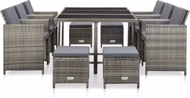 Set da Pranzo da Giardino 11 pz con Cuscini Polyrattan Grigio 46537