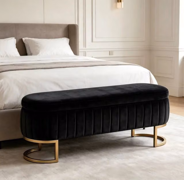 Panca contenitore in velluto nero 130 cm con piedi in metallo dorato