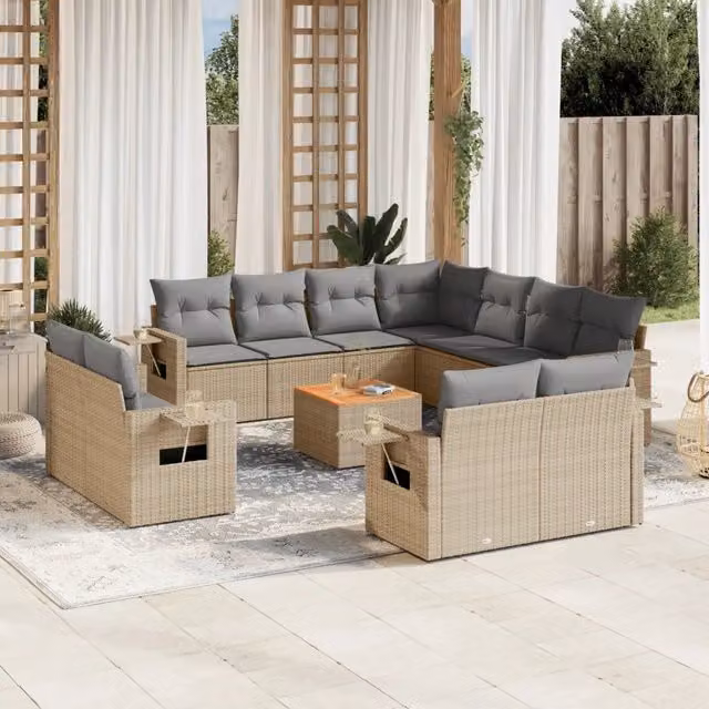 Set di Divani da Giardino vidaXL a Forma di U con Cuscini Beige e Tavolino, Polyrattan e Struttura in Metallo – 1